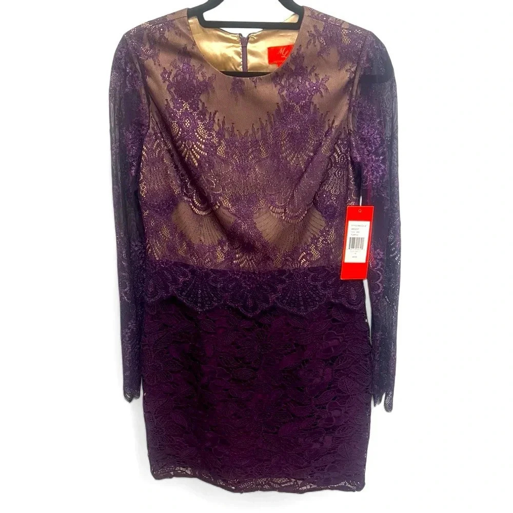 Monique Lhuillier Long Sleeve Lace Metallic Shimmer Sheath Mini Dress Purple 10